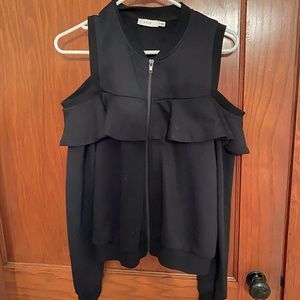 Black zip up sweater with peekaboo shoulders